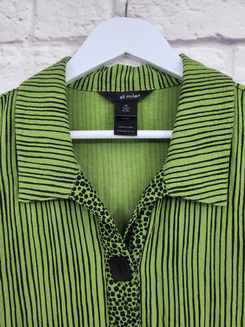 Ali Miles Striped Button Front Blouse XL Lime Green Black Artsy Top - Picture 2 of 14